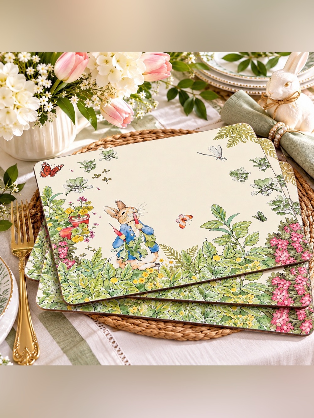 Pottery Barn Peter Rabbit Garden Cork Placemats Set of 4 Easter Discontinued NWT